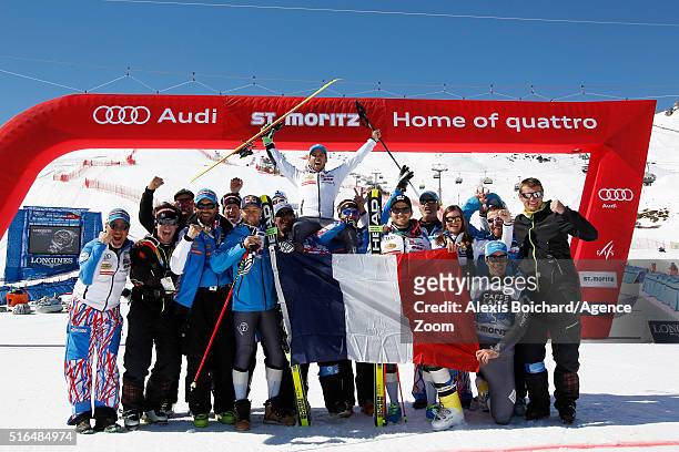 The French team celebrate a clean sweep with Thomas Fanara taking 1st place, Alexis Pinturault taking 2nd place and Mathieu Faivre taking 3rd place...