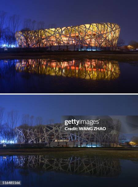 This combination of photographs shows the National Stadium, known as the Bird's Nest, with the lights on and with the lights off during the annual...