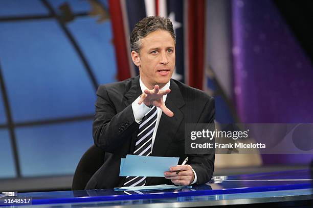 Jon Stewart speaks during live Election Night coverage of The Daily Show with Jon Stewart November 2, 2004 in New York City.