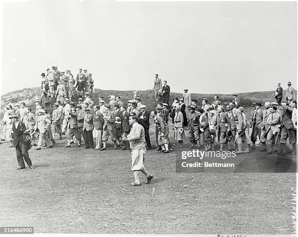 Sarazen on Final Round in British Open. Gene Sarazen, outstanding American professional, here is shown playing an approach shot to the tenth green...