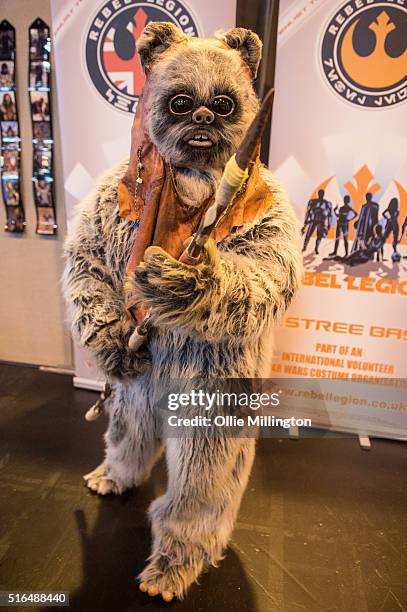 An attendee dressed as a Ewok from Star Wars at Comic Con 2016 in cosplay on March 19, 2016 in Birmingham, United Kingdom.