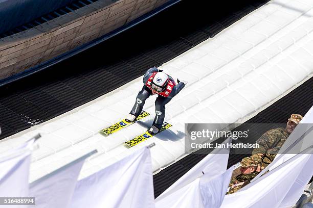 Lukas Hlava of the Czech Republic competes in the first run of flying hill team competition of the FIS Ski Jumping World Cup at Planica on March 19,...