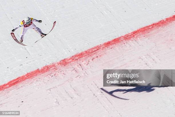 Jurij Tepes of Slovenia competes in the final run of flying hill team competition of the FIS Ski Jumping World Cup at Planica on March 19, 2016 in...