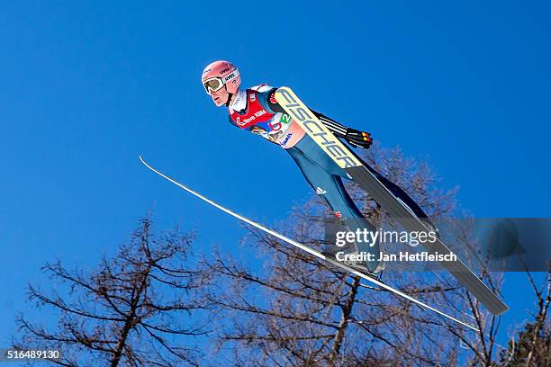 Severin Freund of Germany competes in the first run of flying hill team competition of the FIS Ski Jumping World Cup at Planica on March 19, 2016 in...