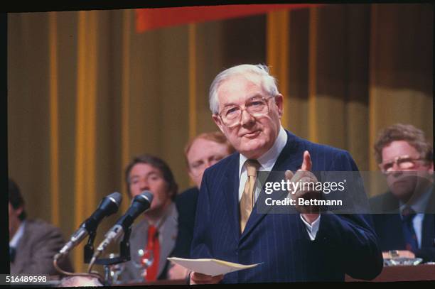 At a British Labor Party conference, leader James Callaghan makes a point while speaking.