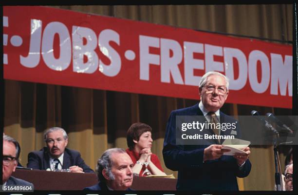 At a British Labor Party conference, leader James Callaghan makes a point while speaking.