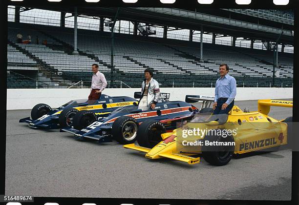 Indy 500 Front Row: Johnny Rutherford, pole position; Mario Andretti, center position; Bobby Unser, outside position.