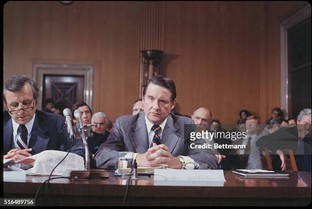 Washington, D. C.: Close up of William Webster, FBI Director, as he appears before Senate Intelligence Committee.