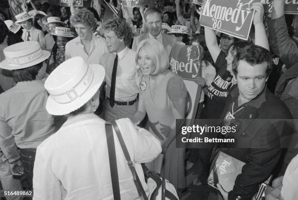Senator Edward Kennedy's wife, Joan, greets an arriving California delegate to the Democratic National Convention here, at the New York's Kennedy...