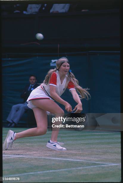 Wimbledon, London, England: Andrea Jaeger in action here, July 1, was beaten by Chris Lloyd , 6-1, 6-1.