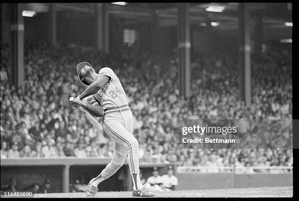 --Detroit: Milwaukee's Ben Ogilvie, currently leading the American League in home runs, takes a hard swing aiming for the fence, as he fouls a pitch...