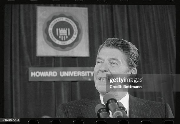 Washington: President Reagan addresses a fundraising reception at Howard University 5/20. Reagan made a 30-minute appearance and was warmly received...