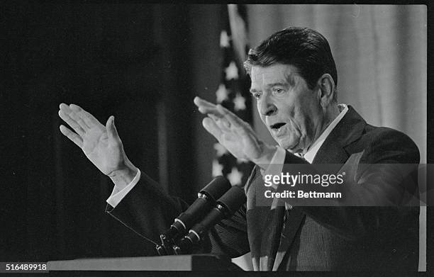 Century City, Calif.: President Ronald Reagan addressing Western Editors and Broadcasters at a luncheon, at the Century Plaza just after his arrival...