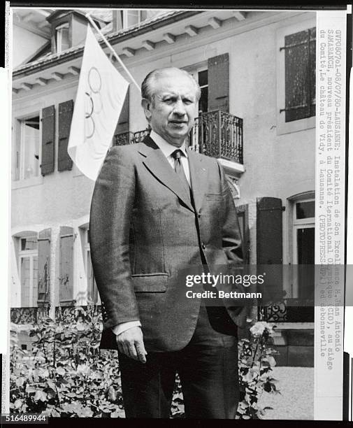 Antonio Samaranch of Spain, the new president of the International Olympic Committee , is seen outside the headquarters of the IOC on Lake Geneva,...