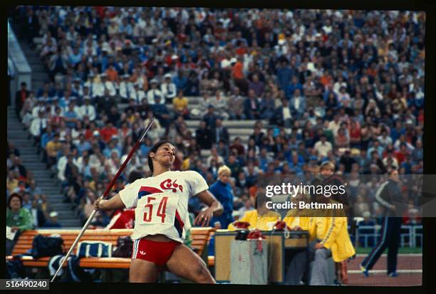 Russia Maria Colon of Cuba in action to win the Women's javelin final, setting a new world and Olympic record of 68.40 meters.