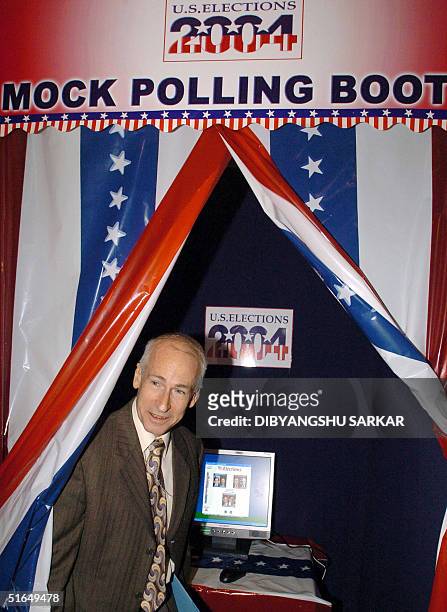 Consul General Richard D. Haynes walks out of a mock polling booth, 03 November 2004 in Madras. The Madras-based US Consulate organised a mock...