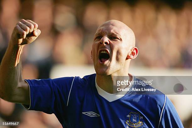 Thomas Gravesen of Everton celebrates during the Barclays Premiership match between Everton and Aston Villa at Goodison Park on October 30, 2004 in...