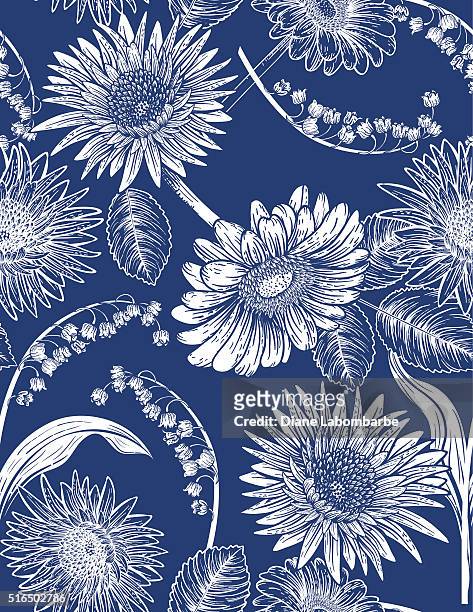 bildbanksillustrationer, clip art samt tecknat material och ikoner med seamless botanical floral pattern daisies and lily of the valley - marinblå