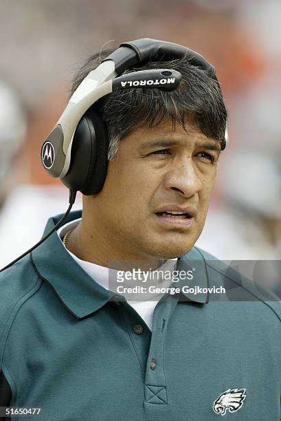 Offensive line coach Juan Castillo of the Philadelphia Eagles during a game against the Cleveland Browns on October 24, 2004 at Cleveland Browns...