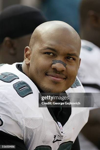 Defensive tackle Corey Simon of the Philadelphia Eagles during a game against the Cleveland Browns on October 24, 2004 at Cleveland Browns Stadium in...