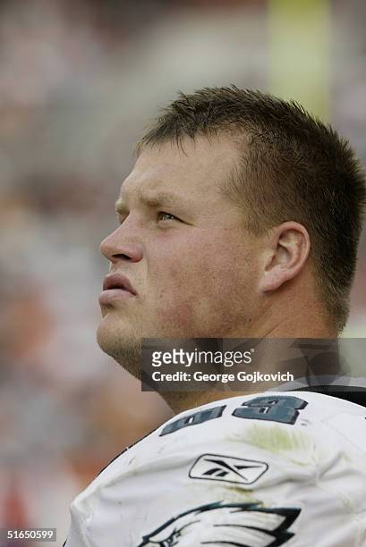Center Hank Fraley of the Philadelphia Eagles during a game against the Cleveland Browns on October 24, 2004 at Cleveland Browns Stadium in...