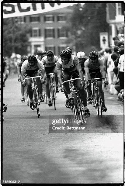 Olympic speedskating champion Eric Heiden who won 5 gold medals at Lake Placid last Winter, leads pack during 50 kilometer, 68-lap, Senior Men's Bike...