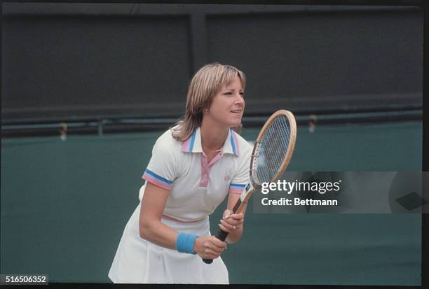 Awaiting a serve at Wimbledon is Chris Evert Lloyd, who lost the 1980 Women's Singles Final of the Wimbledon Tennis Championships to Evonne Goolagong...