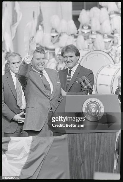 Philadelphia, Pennsylvania: President Reagan is joined by Phillies pitcher, Tug McGraw on the campaign during a stop in Media, Pa. McGraw was the...