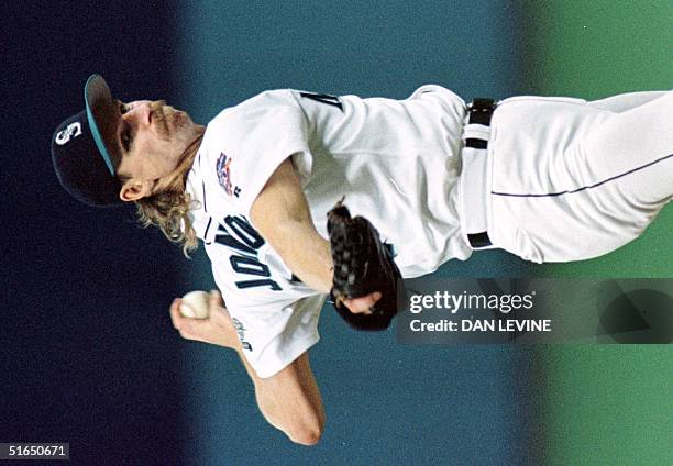 Seattle Mariner pitcher Randy Johnson threw six innings of 2-hit, shutout ball en route to a 1-0 win over the Cleveland Indians in Seattle 20 August....