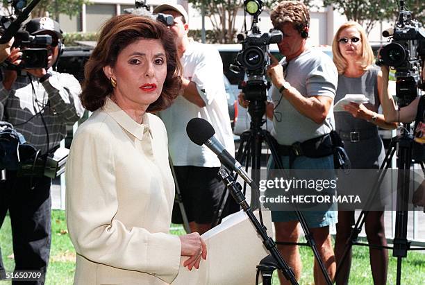 Gloria Allred, attorney at law representing Malibu model Kelly Fisher, talks with reporters delivering an official statement by Fisher 01 September...