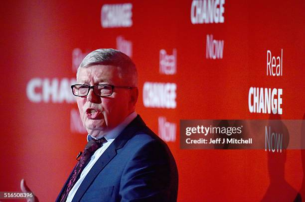 Alan Johnson MP gives a speech to the Scottish Labour party conference at the Glasgow Science Centre on March 19, 2016 in Glasgow, Scotland. Alan...