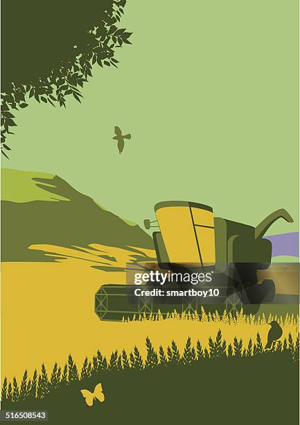 illustrations, cliparts, dessins animés et icônes de moissonneuse-batteuse dans la campagne - champ agriculture