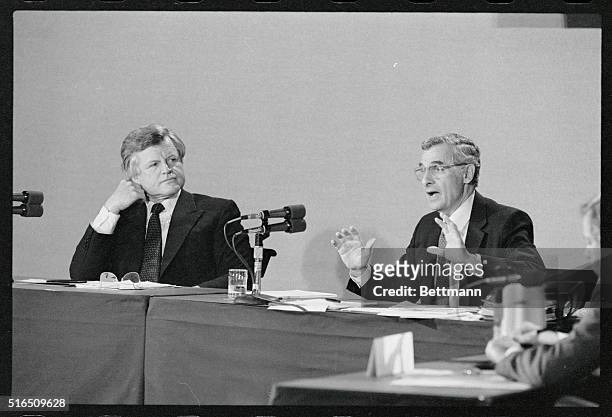 Boston: Democratic Sen. Edward M. Kennedy, , listens to his Republican challenger Ray Shamie, , during their first and only debate at Boston College...