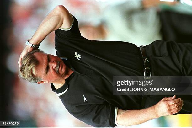 New Orleans Saints Head Coach Mike Ditka walks along the sidelines after the San Francisco 49ers intercepted a pass from Saints quarterback Heath...