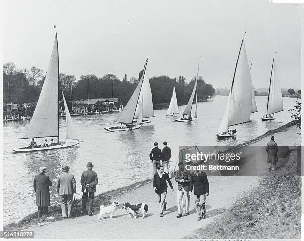 Holiday yachting on the Thames...The Easter holiday season saw several yacht races on the Thames River at Teddington, England. Here is a view of the...