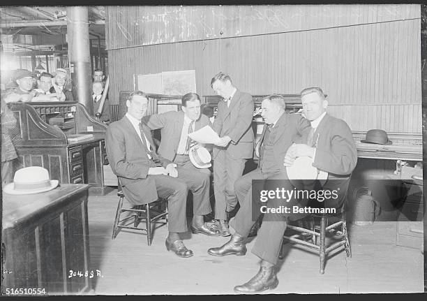 Left to right: Tom Cowler, James J. Corbett, James Johnson, matchmaker of the St. Nicholas Club, James Buckley, manager of "Gunboat" Smith, in the...