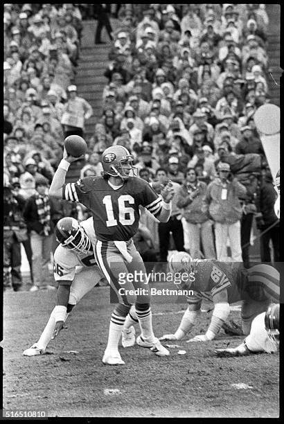 San Francisco 49ers' quarterback Joe Montana is shown about to pass the ball in the third quarter of this NFC playoff game versus the New York Giants.
