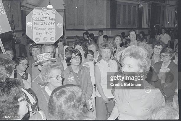 Springfield, Illinois: Phyllis Schlafly, of Alton, Illinois, , talks with other Equal Rights Amendment opponents in the capital rotunda June 2....