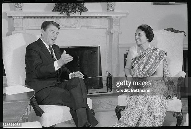 Washington, D.C.: President Reagan meets with Indian prime minister Indira Gandhi in the Oval Office. Both leaders stressed their wish to renew the...