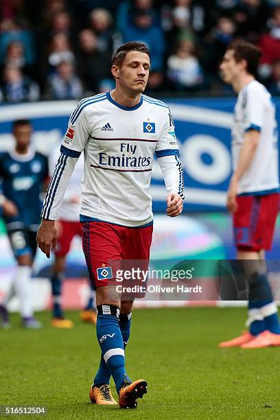 Ivo Ilicevic of Hamburg appears frustrated during the Bundesliga match between Hamburger SV and 1899 Hoffenheim at Volksparkstadion on March 19, 2016...