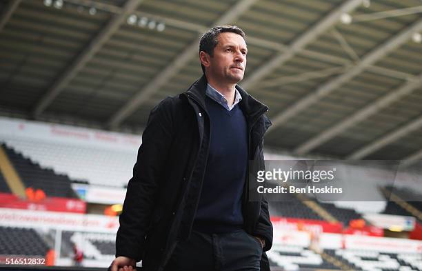 Remi Garde Manager of Aston Villa is seen on arrival at the stadium prior to the Barclays Premier League match between Swansea City and Aston Villa...