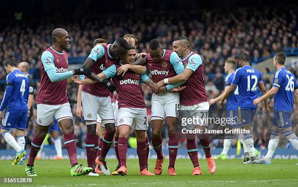 Manuel Lanzini of West Ham United celebrates scoring during the Barclays Premier League match between Chelsea and West Ham United at Stamford Bridge...