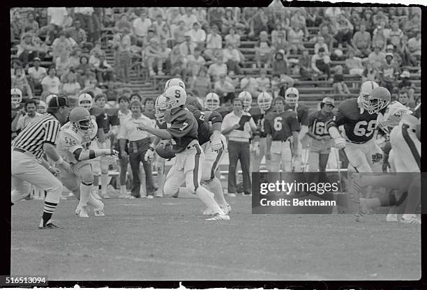 John Elway of Stanford, , plays here in a game against San Jose State at Stanford Stadium. San Jose won.