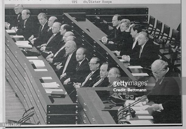 Bonn, West Germany: Rainer Barzel, president of the Bundestag, right, addresses Parliament as the newly appointed cabinet members sit in the...