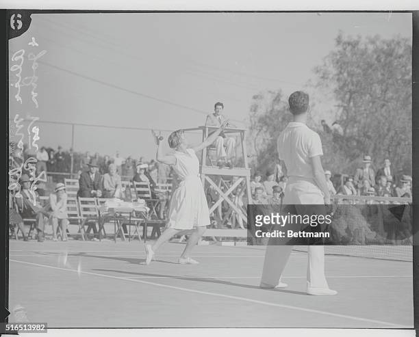 California: Alice Marble and John Van Ryn in action during Huntington Hotel tennis tourney at Pasadena, California.