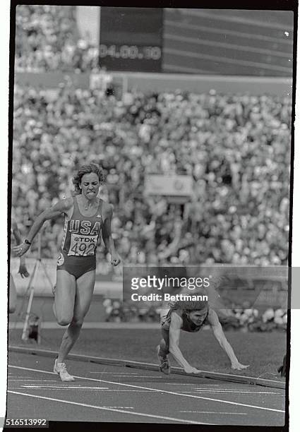 American Mary Decker, comes to the finish line to score a gold medal double at the World Track and field Championships here, winning a dramatic 1,500...