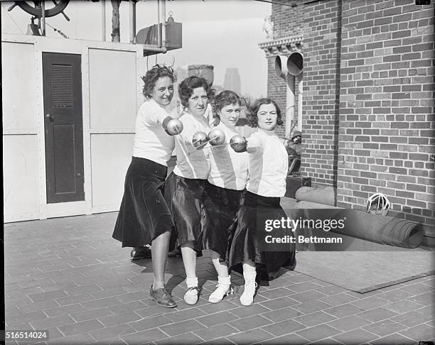 Women Fencers in Practice. The Intercollegiate Champion Women's Fencing team of the New York University practiced today on the roof of the London...