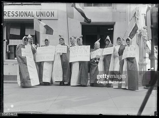Suffragettes In Costume To Advertise Rally: L to R: Eleanor Beach; Sylvia Beach; Mrs. Howard Hawkins; Doris Stevens; Elizabeth Frauman; Agnes...
