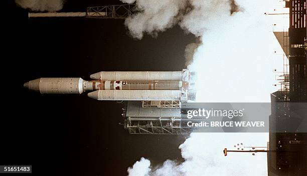 The Titan 4B launch vehicle blasts off launch pad 40 at Cape Canaveral Air Force Station in Florida 15 October, carrying the Cassini space probe into...