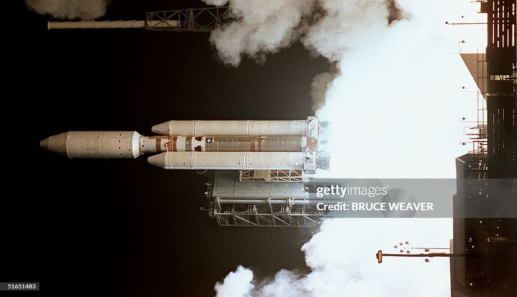 The Titan 4B launch vehicle blasts off launch pad